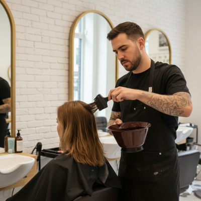 membro dello staff che applica tinta per capelli