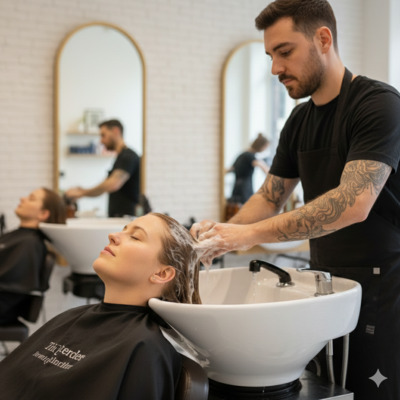 membro dello staff che fa uno shampoo rilassante